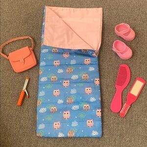 Owl Sleeping Bag Shoes Purse Curling Iron Comb Mirror Accessories for 18” Dolls